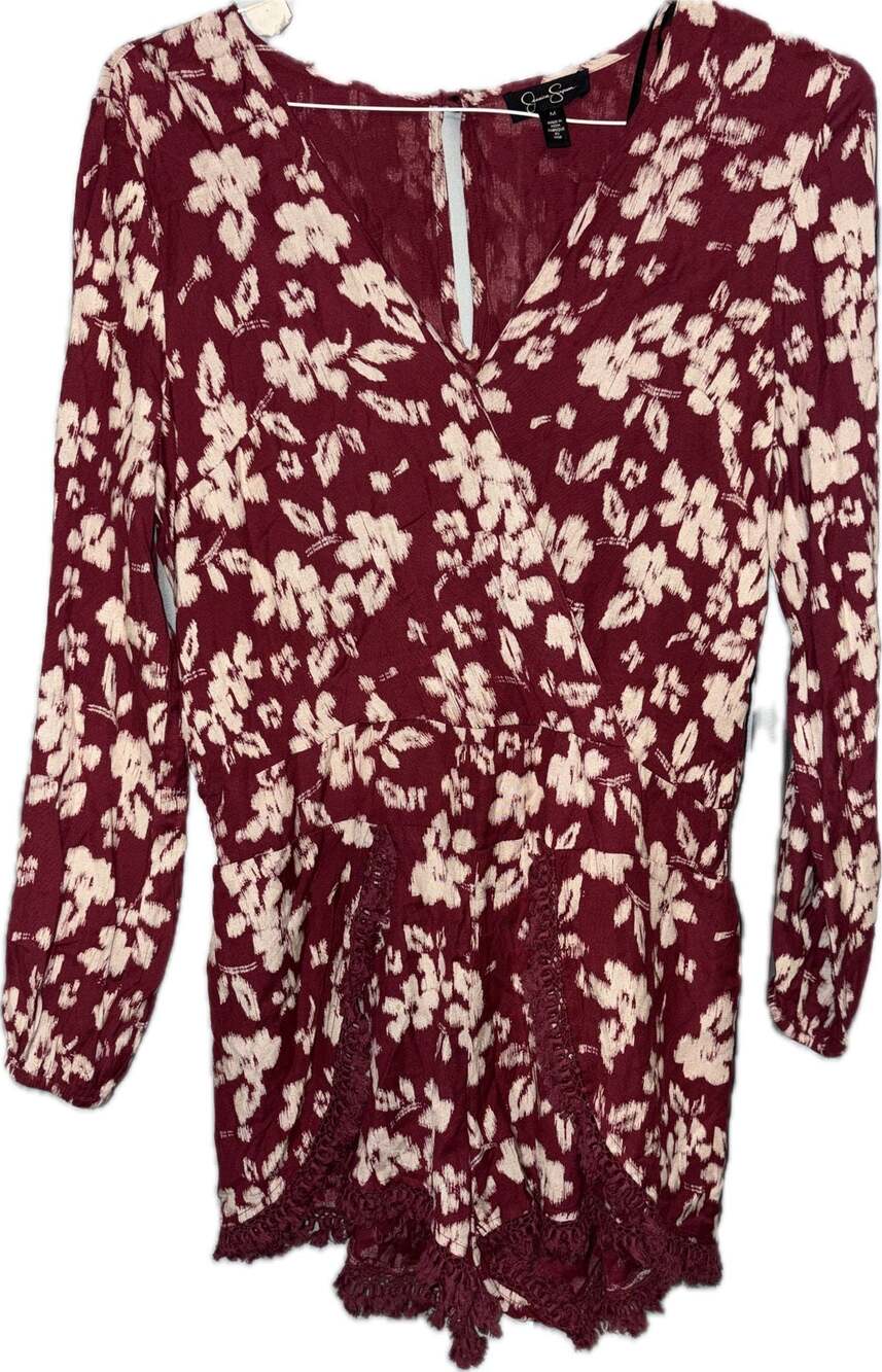 Jessica Simpson Floral Long Sleeve Romper with Lace Trim and Keyhole Back